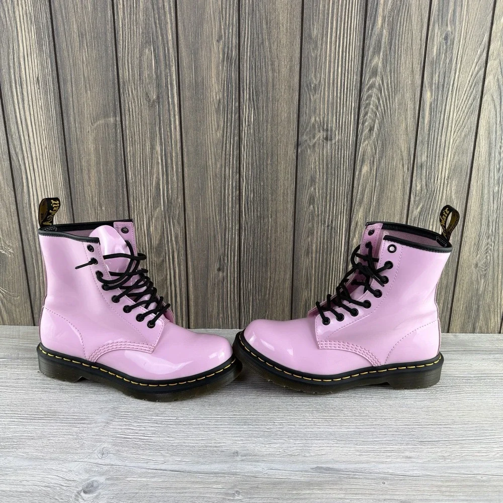 Dr Doc Martens Pink Black Combat Boots Barbie Patent Leather Women Size 7